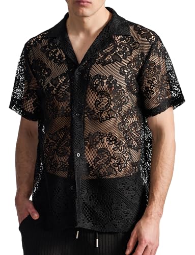AIEOE Herren Aushöhlen Hemd Floraler Spitze T Shirt Sommer Kurzarmbluse Mesh Transparent Hemdbluse Shirts für Nachtclub XXL von AIEOE