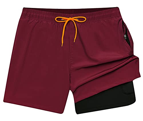 AIEOE Herren Badehose mit Kompression Liner Schnelltrocknende Laufhose Sommer Sporthose Kurz Rot S von AIEOE