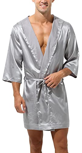 AIEOE Herren Bademantel Satin Morgenmantel Seidiger Bathrobes Knielang Nachtwäsche Kimono Grau A Größe L von AIEOE