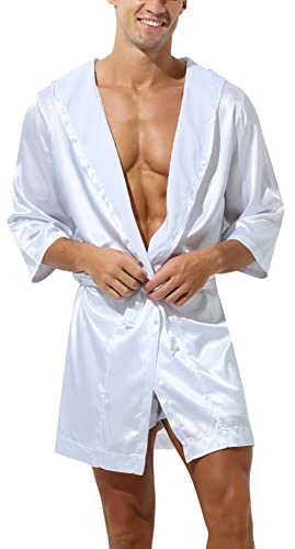 AIEOE Herren Bademantel Satin Morgenmantel Seidiger Bathrobes Knielang Nachtwäsche Kimono Weiß A Größe L von AIEOE