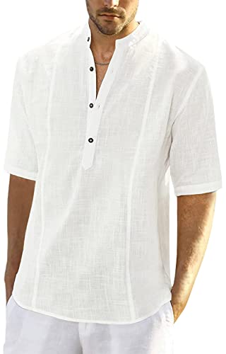 AIEOE Herren Baumwolle Leinenhemd Frühling Sommer Hemd Kurzarm Leinen Freizeithemd Atmungsaktiv Bequem Sommerhemd Casual Shirt - L von AIEOE