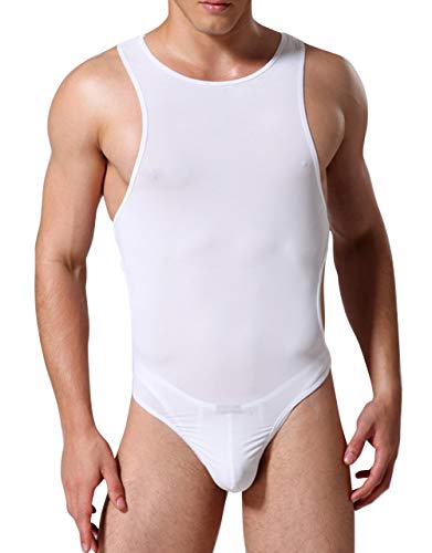 AIEOE Herren Body Atmungsaktives Unterhemd Bodysuit Seite mit Ausschnitte Overall Unterwäsche - Weiß von AIEOE