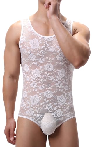 AIEOE Herren Body Einteiler Ärmelloser Spitzenbody Atmungsaktives Unterhemd Männer Bodysuit Weiß 01 Größe XL von AIEOE