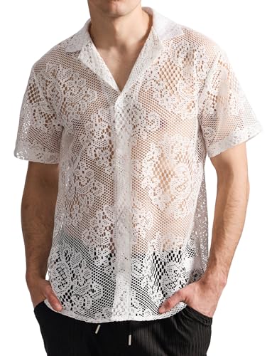 AIEOE Herren Button Down Hemd Kurzarm Lace Freizeithemd V-Ausschnitt Kurzarmshirt Fishnetz Bluse Clubwear XL von AIEOE