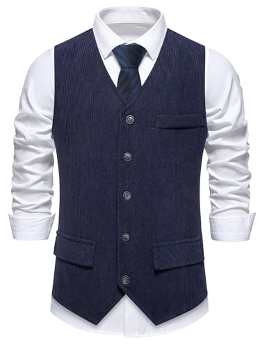 AIEOE Herren Cord Anzugweste Elegant Weste für Hochzeit Büro Business Anlass Slim Fit Sakko Weste Retro Look Blau M von AIEOE