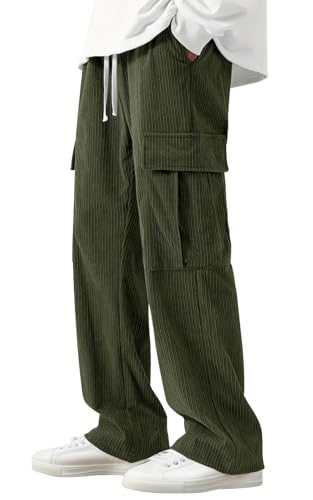 AIEOE Herren Cord Cargohose Sommer Baggy Hose Y2k Streetwear Freizeithose mit Taschen Teenager Lange Skaterhose Grün Größe XL von AIEOE