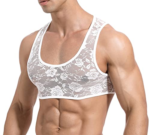 AIEOE Herren Crop Tank Top Bauchfrei Sport Unterhemd Racer Back Muskel Shirts Top Transparent Spitze Fitness Gym Yoga Muskelshirt - M von AIEOE