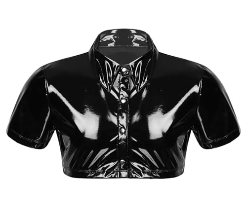 AIEOE Herren Crop Top Kunstleder Hemd Kurz Top Glänzend Sexy Oberteil Wetlook Shirt Schwarz E Herstellergröße 5XL/ EU Größe XXL von AIEOE