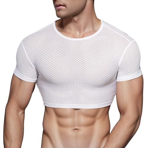 AIEOE Herren Crop Top Spitze Ultrakurz Muskel Netzshirt Kurzarm Mesh Unterhemd Leicht Dünn Halb Transparent T Shirt Sexy Oberteil - M von AIEOE