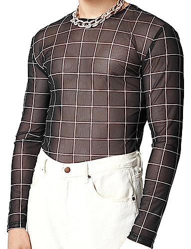 AIEOE Herren Durchsichtig T-Shrit Atmungsaktives Langarmshirt Dünne Oberteil Karo Herstellergröße 3XL/ EU Größe XL von AIEOE