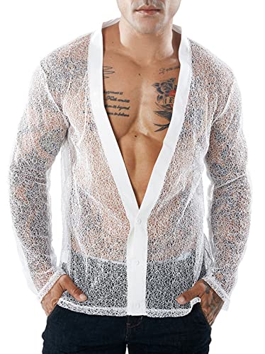 AIEOE Herren Durchsichtiges Hemd Tiefer V-Ausschnitt Langarmshirt Dünn und Atmungsaktiv Weiß 01 EU Größe XS/Herstellergröße S von AIEOE