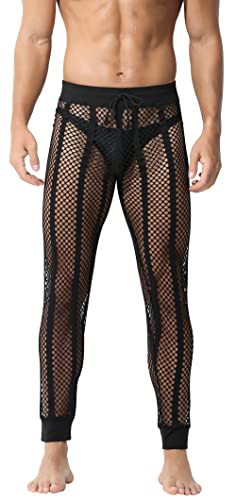 AIEOE Herren Fischnetz Hose Atmungsaktive Netzhose Lange Unterhose Loungehose mit Tunnelzug Schwarz Größe XL von AIEOE