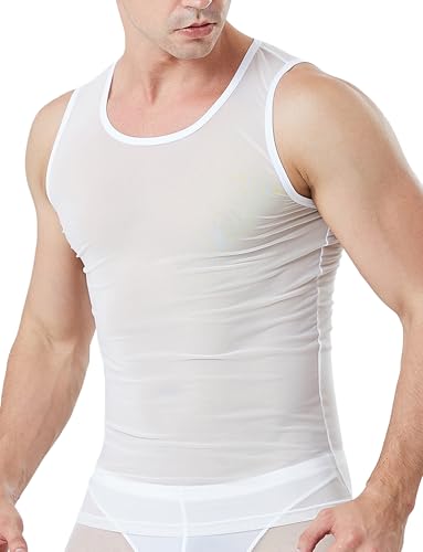 AIEOE Herren Fishnetz Tops Ärmellose Netzshirt Durchsichtiges Dünn Unterhemd Mesh Elastisch T Shirt Clubwear S von AIEOE