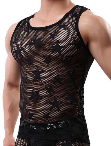 AIEOE Herren Fishnetz Tops Ärmellose Netzshirt Durchsichtiges Dünn Unterhemd Mesh Rundhals T Shirt Clubwear L von AIEOE