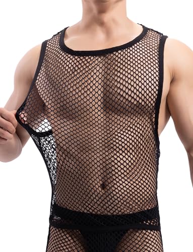 AIEOE Herren Fishnetz Tops Ärmellose Netzshirt Durchsichtiges Dünn Unterhemd Mesh Rundhals T Shirt Clubwear L von AIEOE