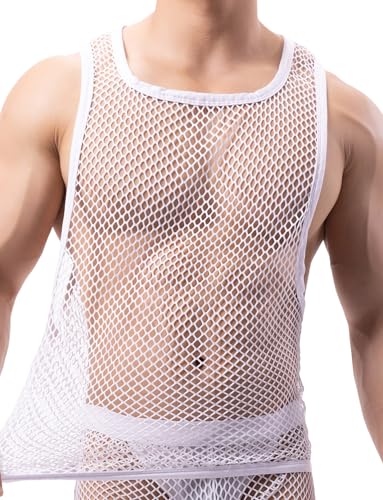 AIEOE Herren Fishnetz Tops Ärmellose Netzshirt Durchsichtiges Dünn Unterhemd Mesh Rundhals T Shirt Clubwear S von AIEOE