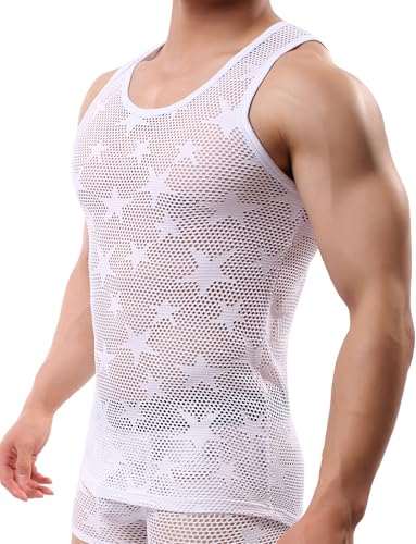 AIEOE Herren Fishnetz Tops Ärmellose Netzshirt Durchsichtiges Dünn Unterhemd Mesh Stern T Shirt Clubwear S von AIEOE