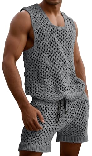 AIEOE Herren Fishnetz Weste Shorts Gestrickter Sommertops Netz Strand Häkelweste Netzanzug 3XL von AIEOE
