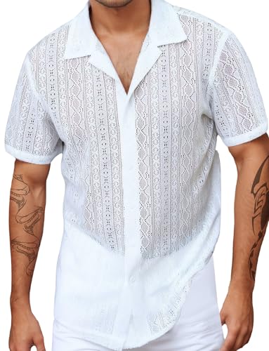 AIEOE Herren Freizeithemd Sommer Spitze T-Shirt Kurzarm Spitzenhemd Dünnes Bluse Kurzarmhemd Transparent Sommerhemd Spitze Shirt XL von AIEOE