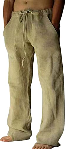 AIEOE Herren Freizeithose Weite Sommerhose mit Kordelzug und Taschen Luftig Strandhose Lang Beige Herstellergröße XXL/EU L von AIEOE