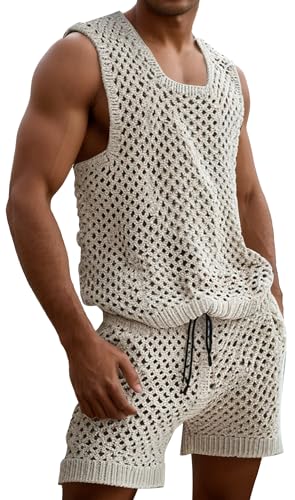 AIEOE Herren Gestrickter Fischernetz Anzug 2-Teiliges Netzweste Shorts Shirt Sets Fishnetz Sommer Sets L von AIEOE