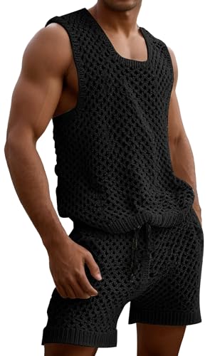 AIEOE Herren Gestrickter Fischernetz Anzug 2-Teiliges Netzweste Shorts Shirt Sets Fishnetz Sommer Sets L von AIEOE