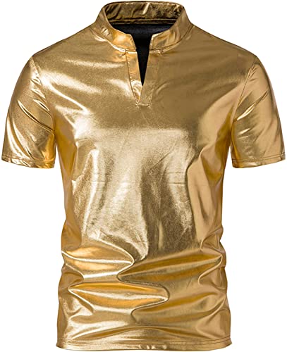 AIEOE Herren Glänzend Hemd Metallic Glitzer Henley Shirt Slim Fit 70er Disco Party Club Wear Nachtklub Freizeithemd - XL von AIEOE