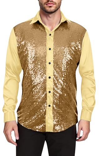AIEOE Herren Glänzende Satinhemd Langarm Pailletten Hemdbluse 70er Disco Glitzer Shirts für Nachtclub 3XL von AIEOE