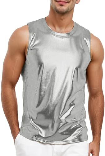 AIEOE Herren Glänzende Tank Weste 70er Disco Oberteile Hemd Rundhals Nightclub Tops XXL von AIEOE
