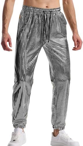 AIEOE Herren Glitzer Festival Hose Disco Glänzend Jogginghose mit Kordelzug Karneval Pants für 80er Party Silber Karo M von AIEOE