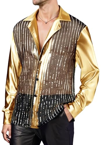 AIEOE Herren Glitzer Hemd Langarm Durchsichtig Clubwear Pailletten 70er Jahre Retro Disco Kostüm für Fasching Party Show Gold XL von AIEOE