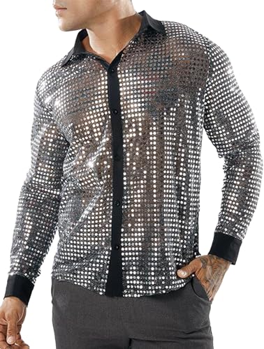 AIEOE Herren Glitzer Hemd Langarm Retro Party Hemd 70er Disco Kostüm Fasching Oberteile Pailletten Shirt Silber Herstellgröße M/EU Größe S von AIEOE