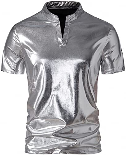 AIEOE Herren Glitzer Hemd Metallic Glänzend Henley Shirt Nachtklub Freizeithemd 70er Disco Party Club Wear Slim Fit - XXL von AIEOE