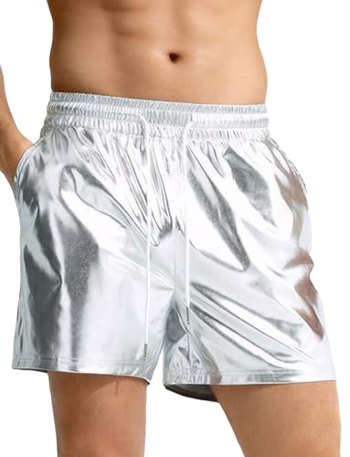 AIEOE Herren Glitzer Kunstleder Shorts Metallic Disco Party Kurze Hose Wetlook Sportshorts Silber Herstellergröße 3XL/ EU XXL von AIEOE