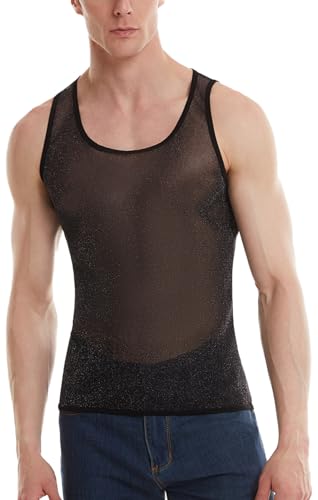 AIEOE Herren Glitzer Tank Top Transparent Mesh Muskel Shirts Sommer Netzshirt Unterhemd Party Club Wear - XL von AIEOE