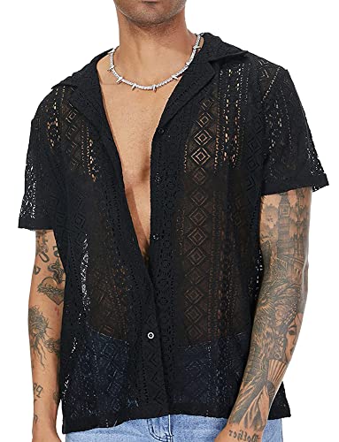 AIEOE Herren Hemd Transparent Kurzarm Freizeithemd Sommer Spitze T-Shirt Männer Lace Shirts V-Ausschnitt Spitzenhemd Lässig Sommerhemd - S von AIEOE