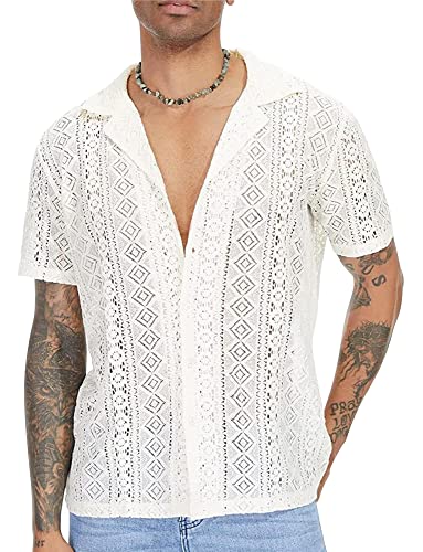 AIEOE Herren Hemd Transparent Kurzarm Freizeithemd Sommer Spitze T-Shirt Männer Lace Shirts V-Ausschnitt Spitzenhemd Lässig Sommerhemd - XL von AIEOE