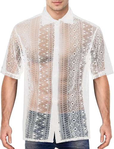 AIEOE Herren Hemd Transparent Kurzarm Freizeithemd Sommer Spitze T-Shirt Männer Lace Shirts V-Ausschnitt Spitzenhemd Party Club Wear - M von AIEOE