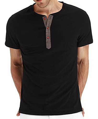 AIEOE Herren Henley Shirt Kurzarm T-Shirt Casual Kurzarmshirt für Männer Sommer Tshirt Schwarz L von AIEOE