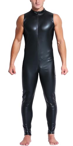 AIEOE Herren Jumpsuit Latex Overall Männer Sexy Clubwear Wetlook Dessous Party Outfit Schwarz 04 Größe 3XL von AIEOE