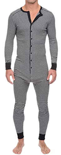 AIEOE Herren Jumpsuit Schlafanzug Langarm Lang Strampler Nachtwäsche Streifen-Design Knopfleiste Hausanzug Strampelanzug von AIEOE