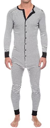 AIEOE Herren Jumpsuit Schlafanzug Langarm Lang Strampler Nachtwäsche Streifen-Design Knopfleiste Hausanzug Strampelanzug von AIEOE