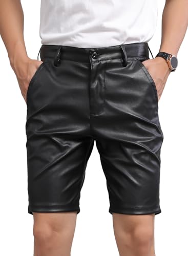 AIEOE Herren Kunstleder Shorts Slim Fit Biker Lederhose Kurz Stretch Dünn Lederjeans Nightclub Bleistift Kurze Hose Schwarz - 30 von AIEOE