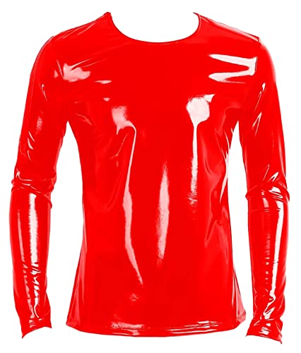 AIEOE Herren Kunstleder Unterhemd sexy Langarm Nachtklub Party Hemd Herren Männer Muskelshirt Top V-Ausschnitt Unterhemden Wetlook XXL von AIEOE