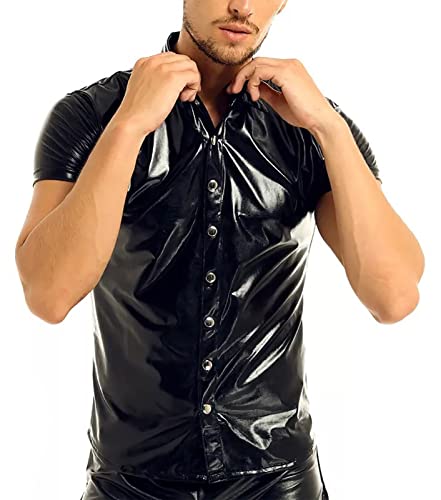 AIEOE Herren Kurzarm Hemd Lackleder T-Shirt Sexy Oberteil Glänzend Clubwear Figurbetontes Party-Outfit Schwarz 08 Herstellergröße 4XL/ EU Größe XL von AIEOE