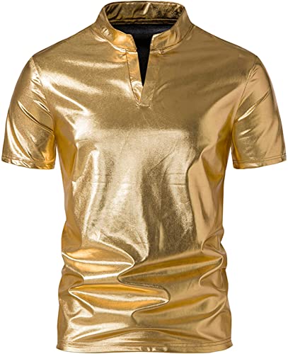 AIEOE Herren Kurzarmhemd mit Henley-Kragen Stilvoll Glänzendes Metall-Look Shirt Freizeithemd Gold 01 XXL von AIEOE