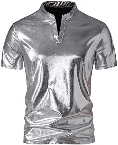 AIEOE Herren Kurzarmhemd mit Henley-Kragen Stilvoll Glänzendes Metall-Look Shirt Freizeithemd Silber 01 L von AIEOE