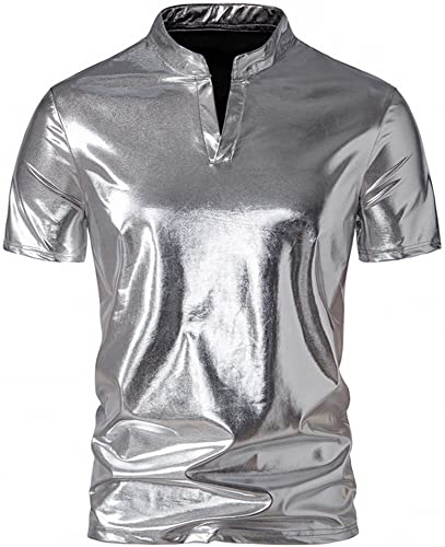 AIEOE Herren Kurzarmhemd mit Henley-Kragen Stilvoll Glänzendes Metall-Look Shirt Freizeithemd Silber 01 M von AIEOE