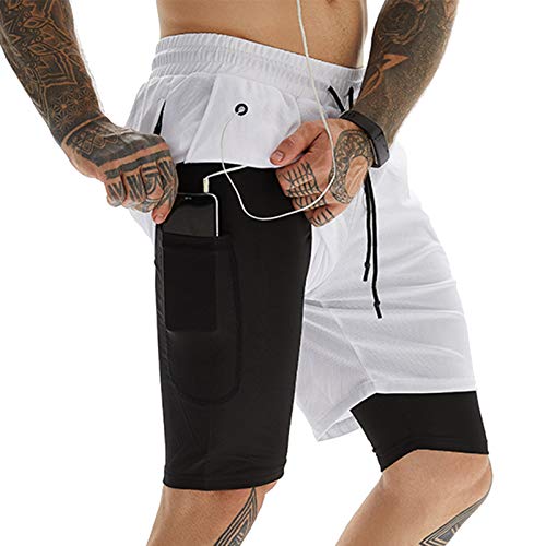 AIEOE Herren Kurze Sporthose 2-in-1 Laufshorts Schnell Trocknend Doppelschichte Shorts Leicht und Atmungsaktiv Weiß Herstellergröße L/EU S von AIEOE