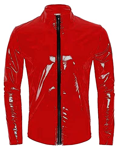 AIEOE Herren Lackleder Jacke Slim Fit Wetlook Glänzend Langarmshirt Club Oberteil Rot 01 Herstellergröße 5XL/ EU Größe XL von AIEOE